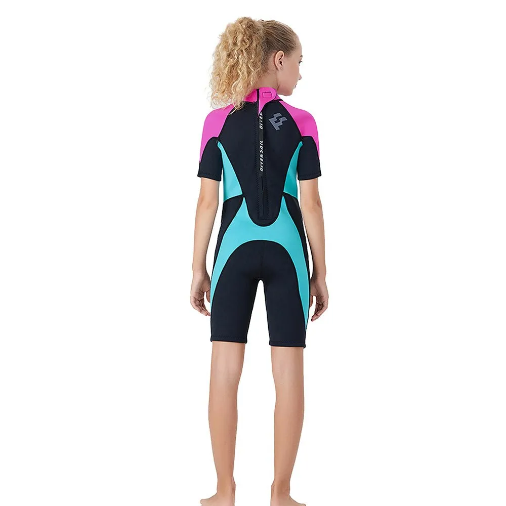 Colorblock Pink & Black 2.5mm Neoprene Knee Length Kids Swimsuit, Half Sleeves Swimwear