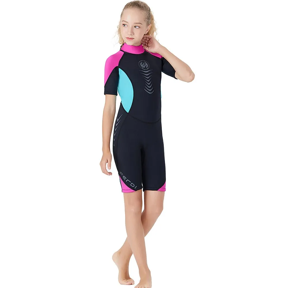 Colorblock Pink & Black 2.5mm Neoprene Knee Length Kids Swimsuit, Half Sleeves Swimwear