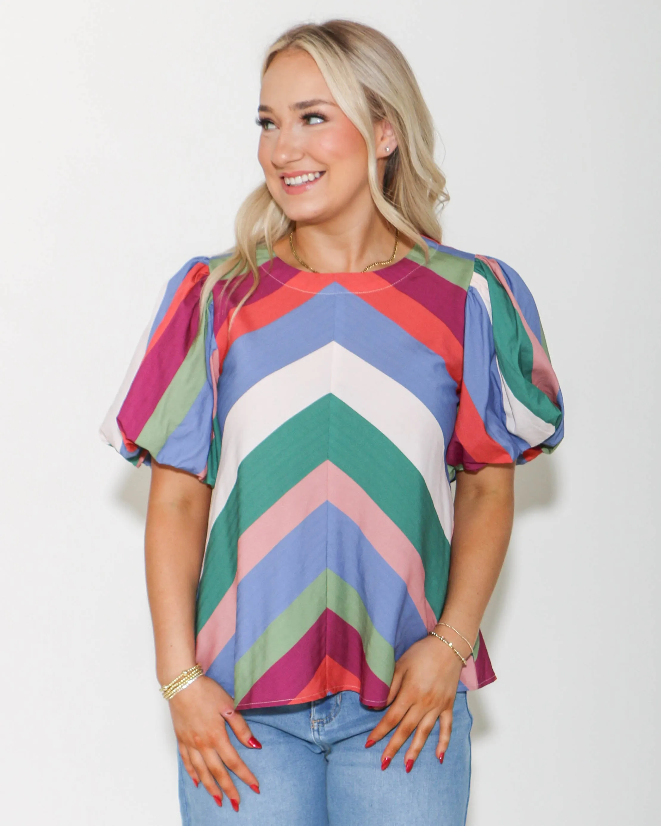 Colorblock Short Puff Sleeve Top in Blue Plum