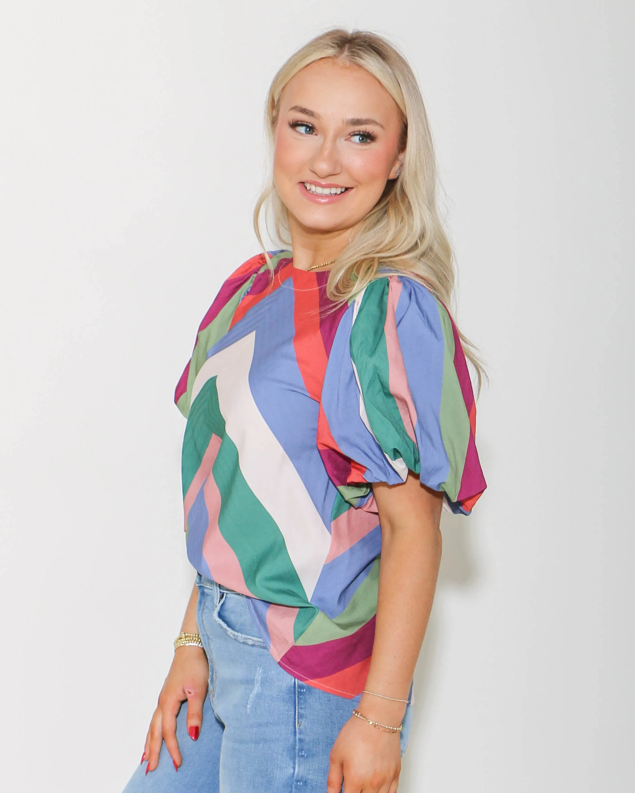 Colorblock Short Puff Sleeve Top in Blue Plum