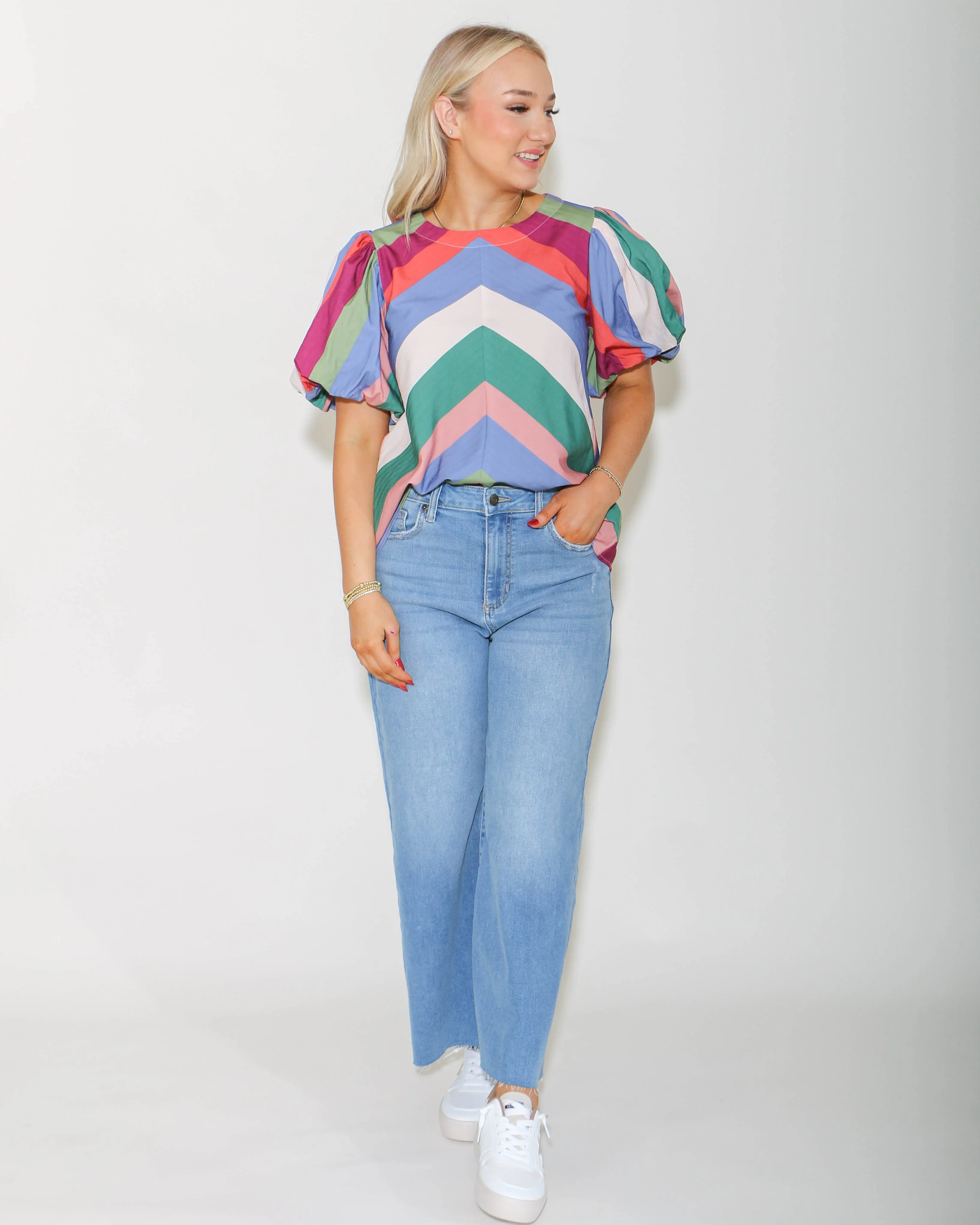 Colorblock Short Puff Sleeve Top in Blue Plum