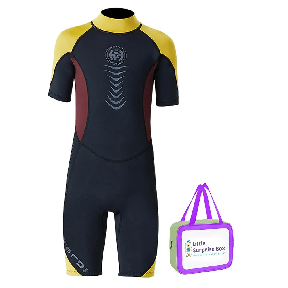 Colorblock Yellow & Black 2.5mm Neoprene Knee Length Kids Swimsuit, Half Sleeves Swimwear