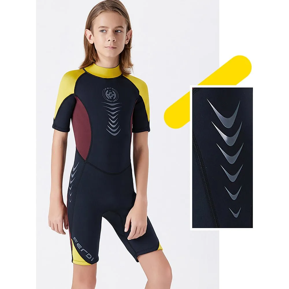 Colorblock Yellow & Black 2.5mm Neoprene Knee Length Kids Swimsuit, Half Sleeves Swimwear