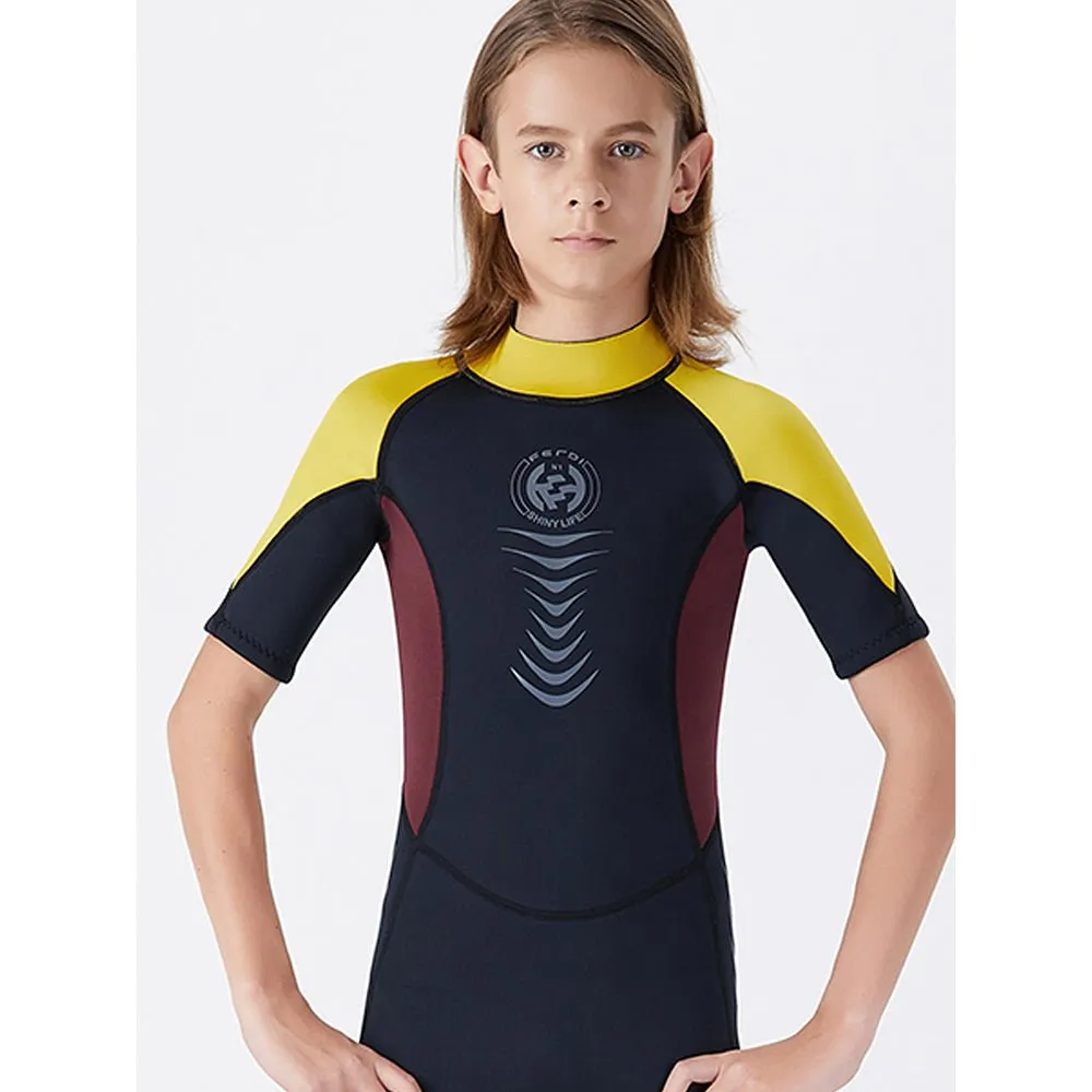 Colorblock Yellow & Black 2.5mm Neoprene Knee Length Kids Swimsuit, Half Sleeves Swimwear