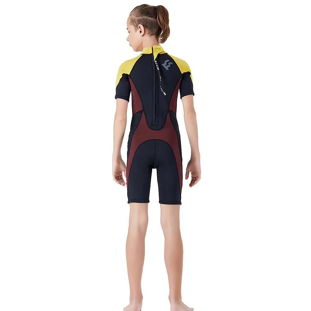 Colorblock Yellow & Black 2.5mm Neoprene Knee Length Kids Swimsuit, Half Sleeves Swimwear