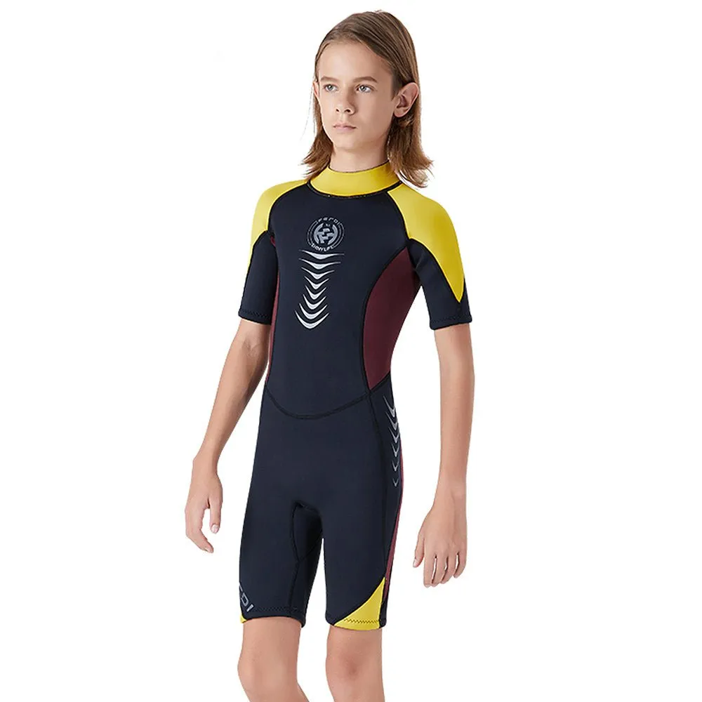 Colorblock Yellow & Black 2.5mm Neoprene Knee Length Kids Swimsuit, Half Sleeves Swimwear