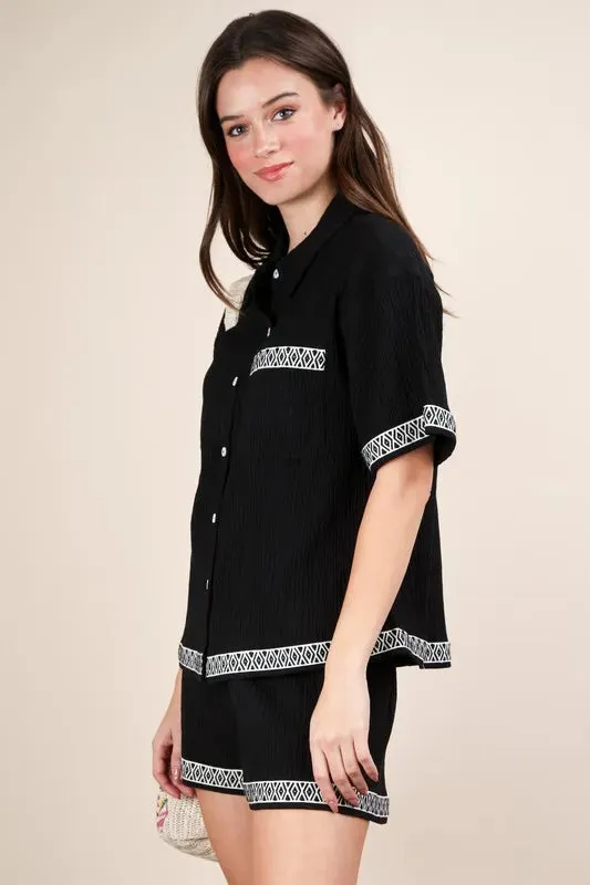 Crinkled Woven Shirt Top & Shorts Set