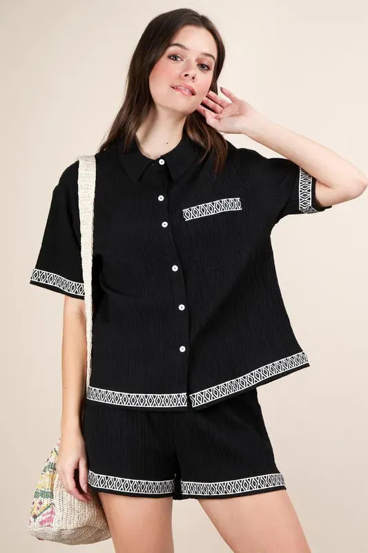 Crinkled Woven Shirt Top & Shorts Set