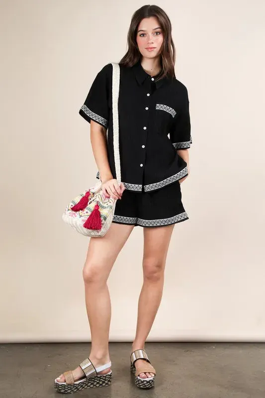 Crinkled Woven Shirt Top & Shorts Set