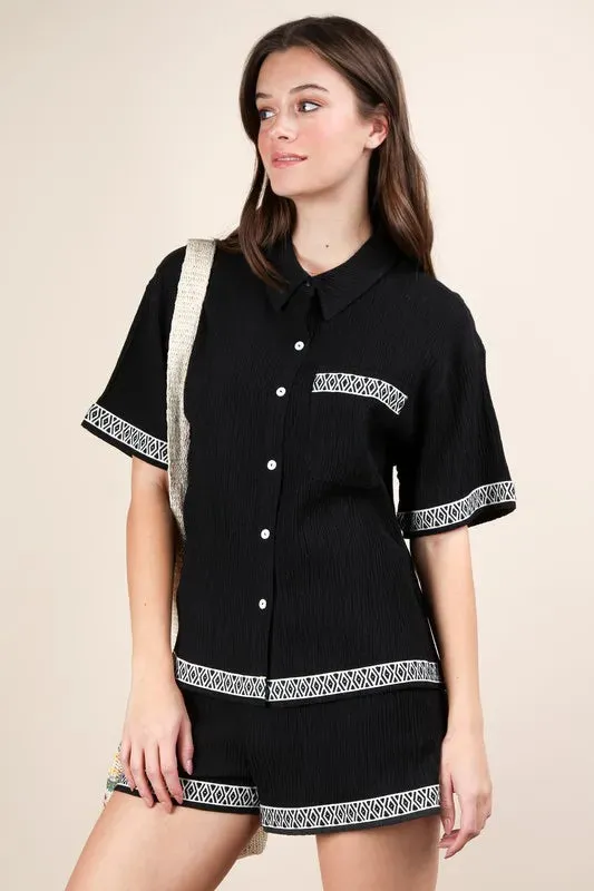Crinkled Woven Shirt Top & Shorts Set