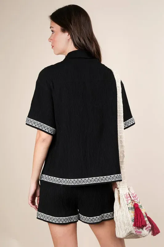 Crinkled Woven Shirt Top & Shorts Set