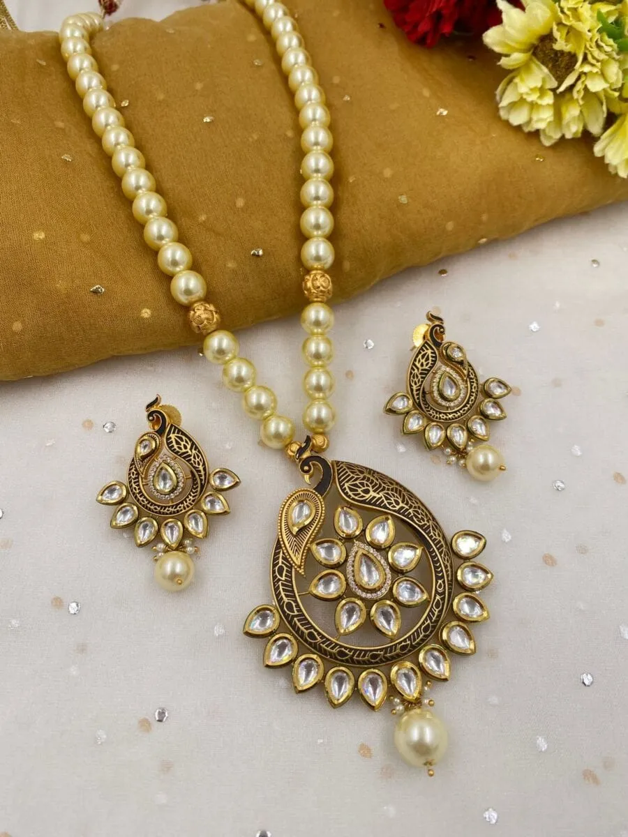 Designer Gold Plated Peacock Design Kundan Pendant Necklace Set By Gehna Shop
