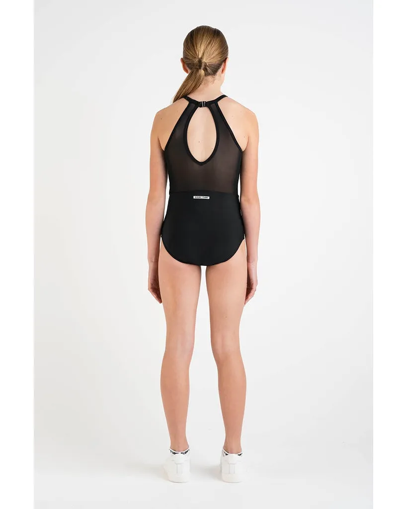 Every Turn Free Spirit Halter-Shaped Neckline Mesh Panel Leotard - Girls - Black