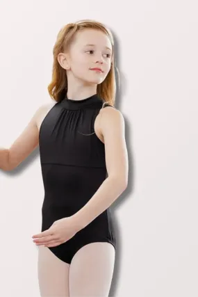 Girls Gathered Mock Neck Leotard - Black