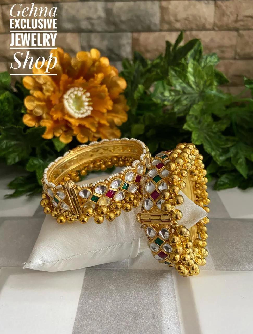 Gold Plated Jadau Kada Traditional Handcrafted (Multi Color)
