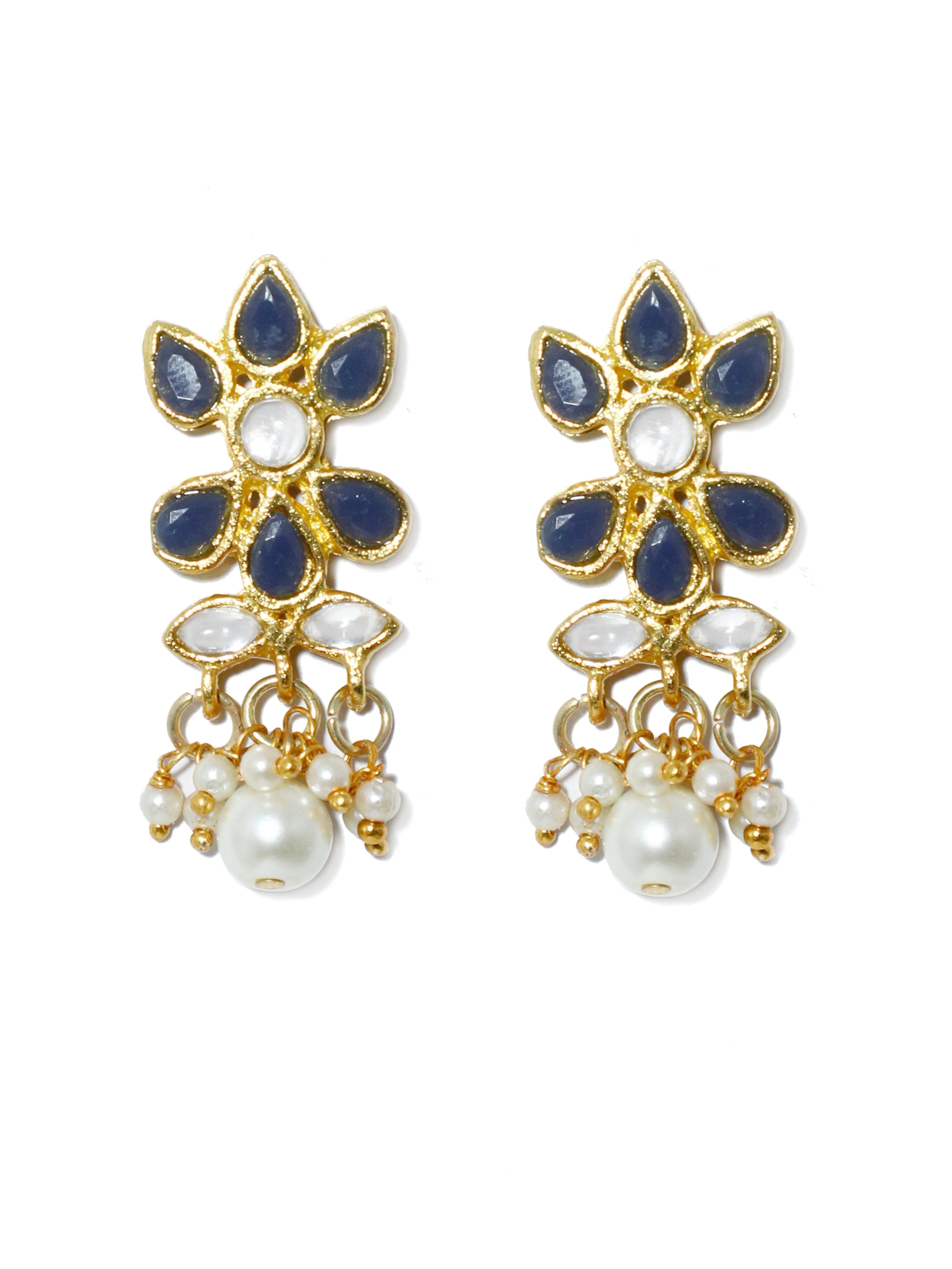 Gold Plated Pearl Bead Navy Blue Kundan Dangler Earrings