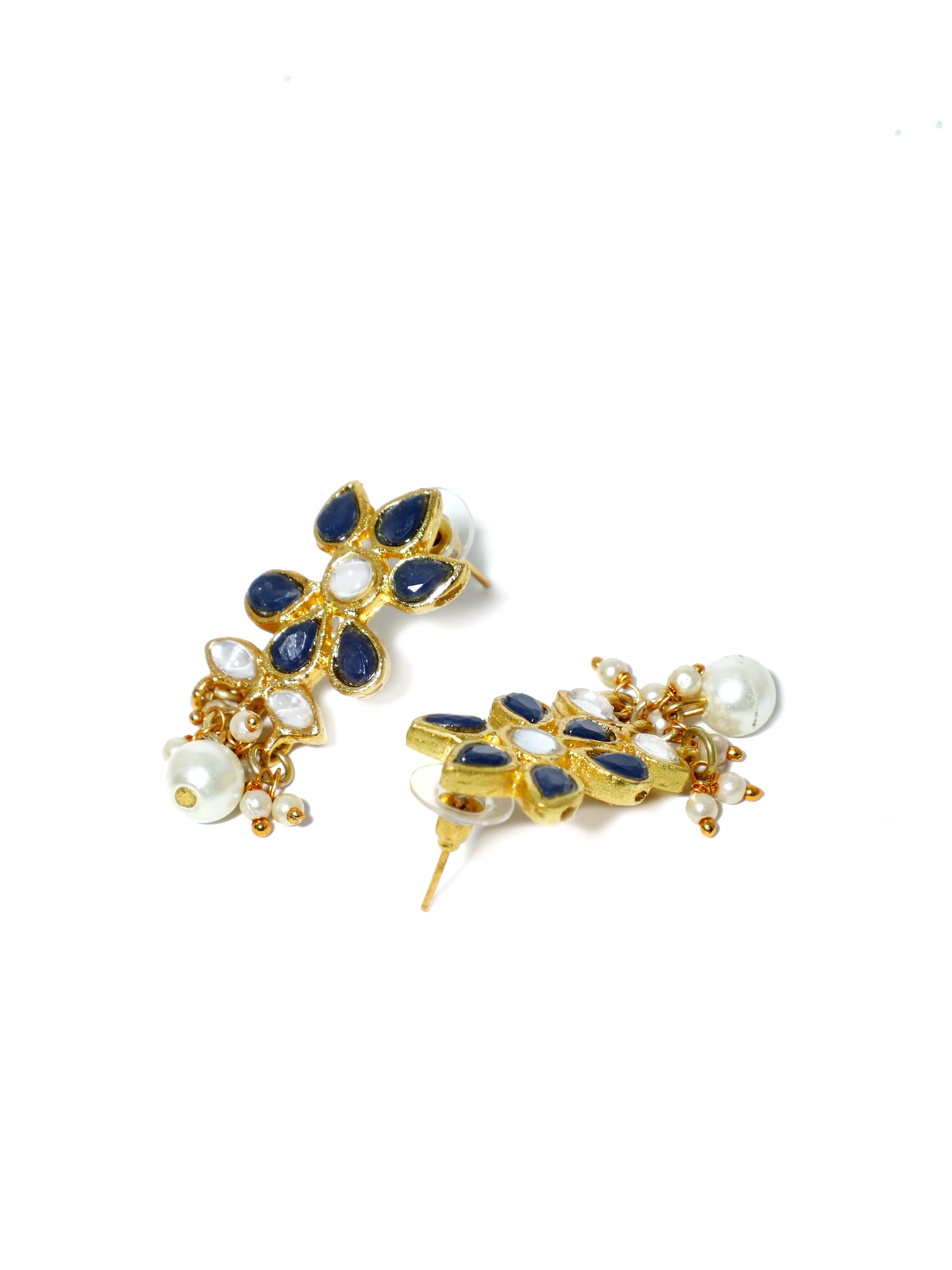 Gold Plated Pearl Bead Navy Blue Kundan Dangler Earrings