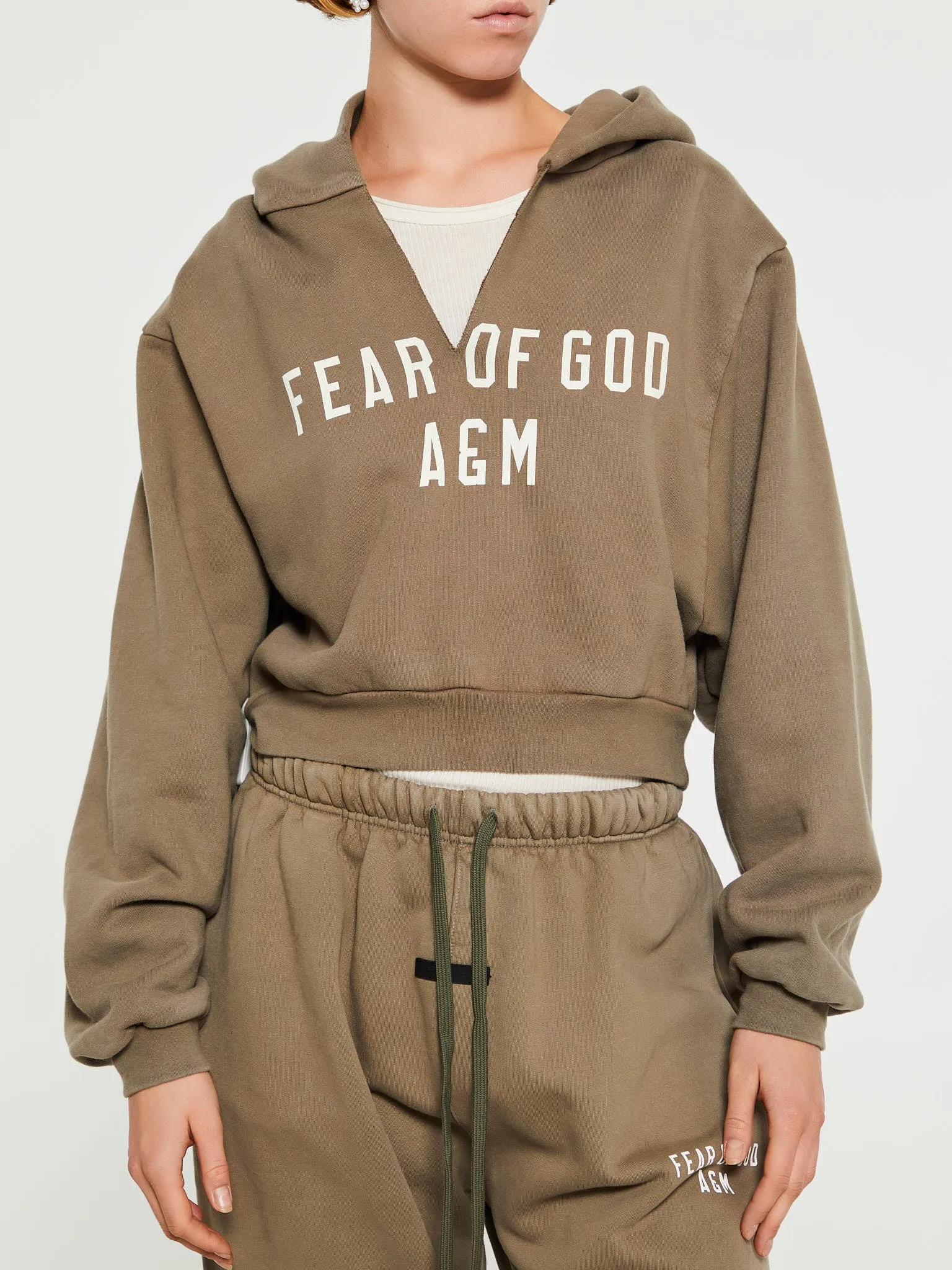 Heavy Fleece Cropped V-Neck Hoodie in Military