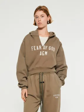 Heavy Fleece Cropped V-Neck Hoodie in Military