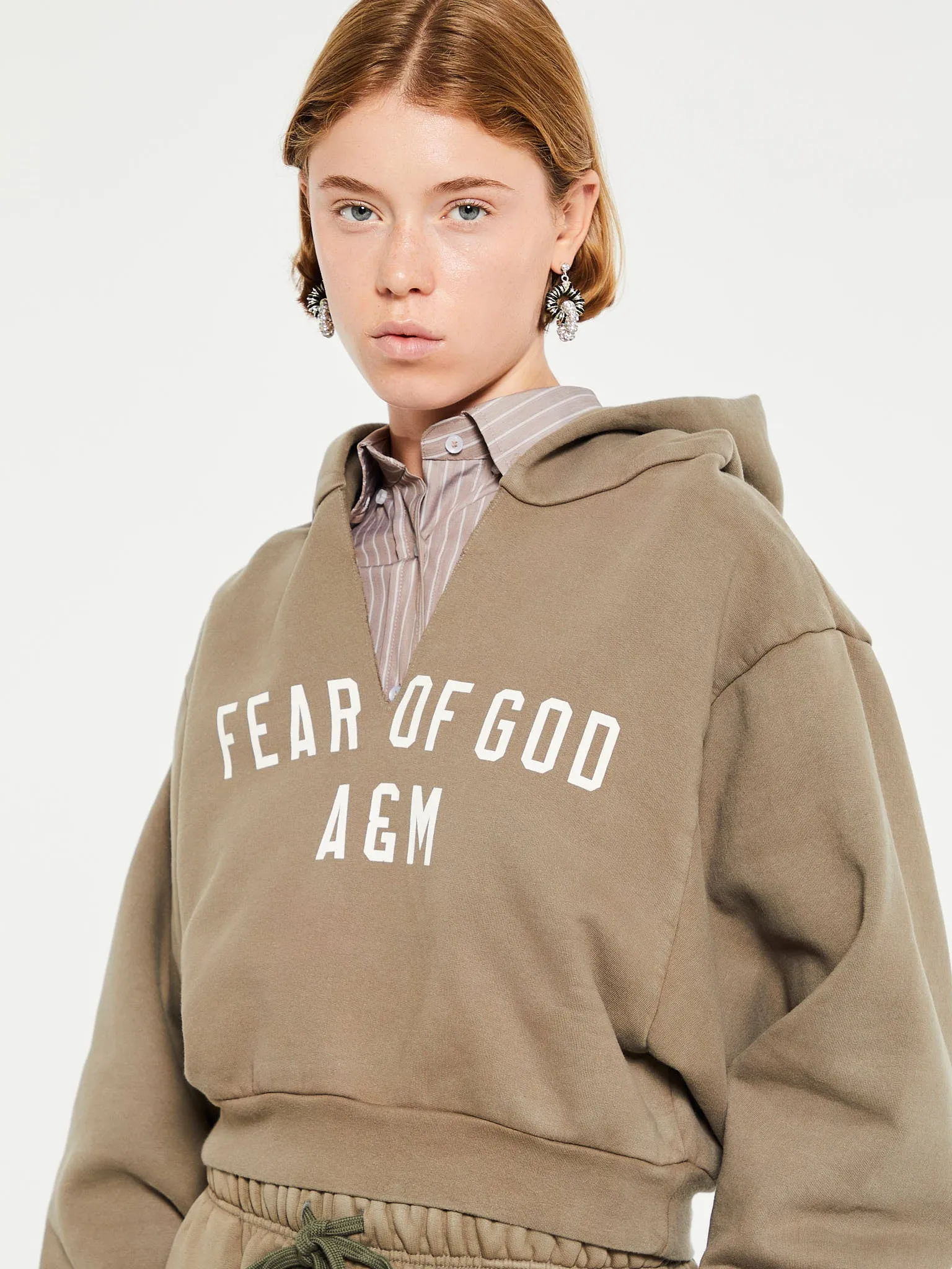 Heavy Fleece Cropped V-Neck Hoodie in Military