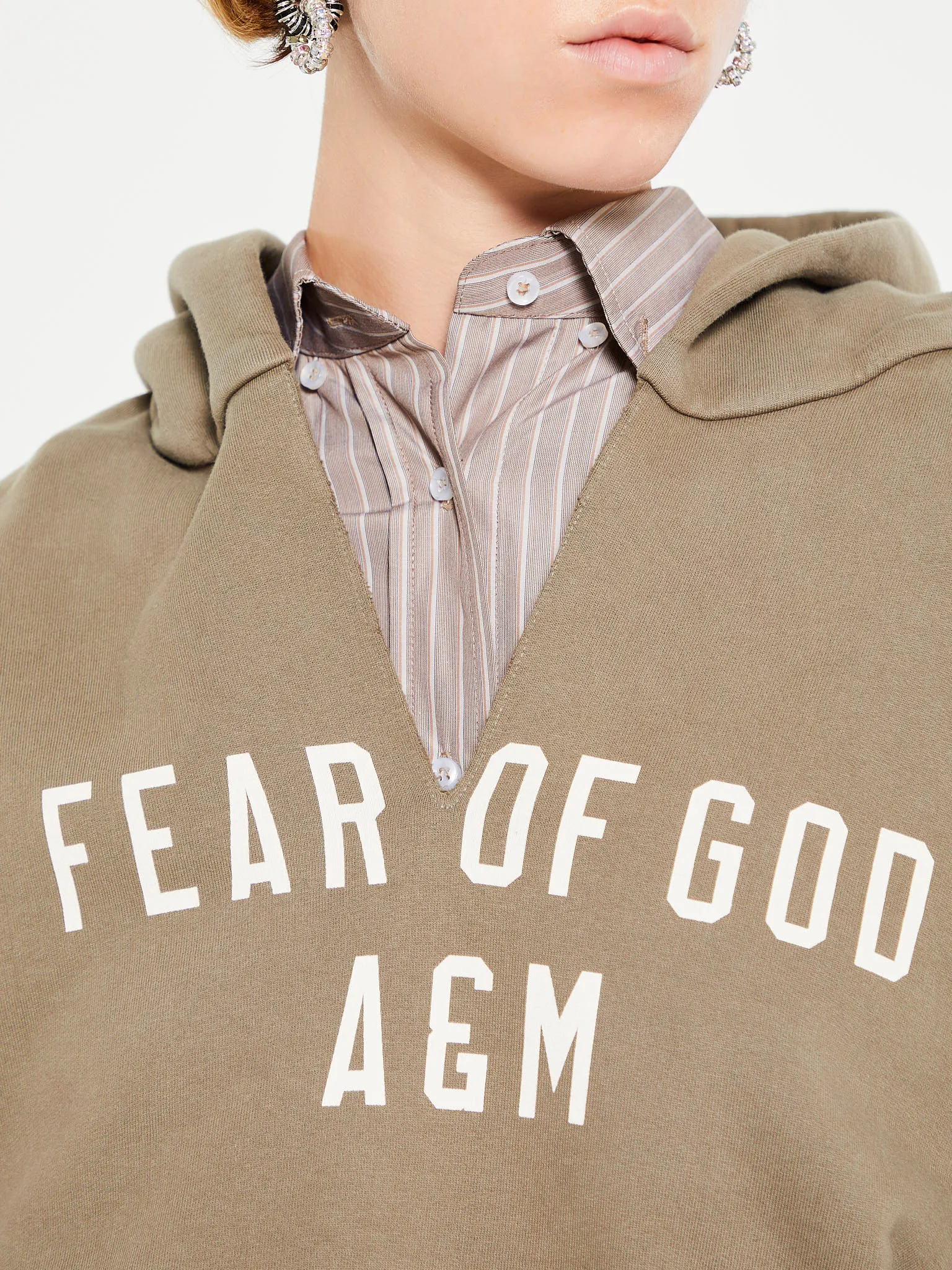 Heavy Fleece Cropped V-Neck Hoodie in Military