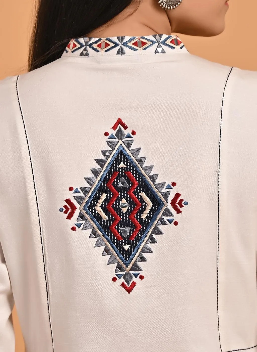 Ivory Long Straight Cotton Kurta with Geometrical Motif Embroidery