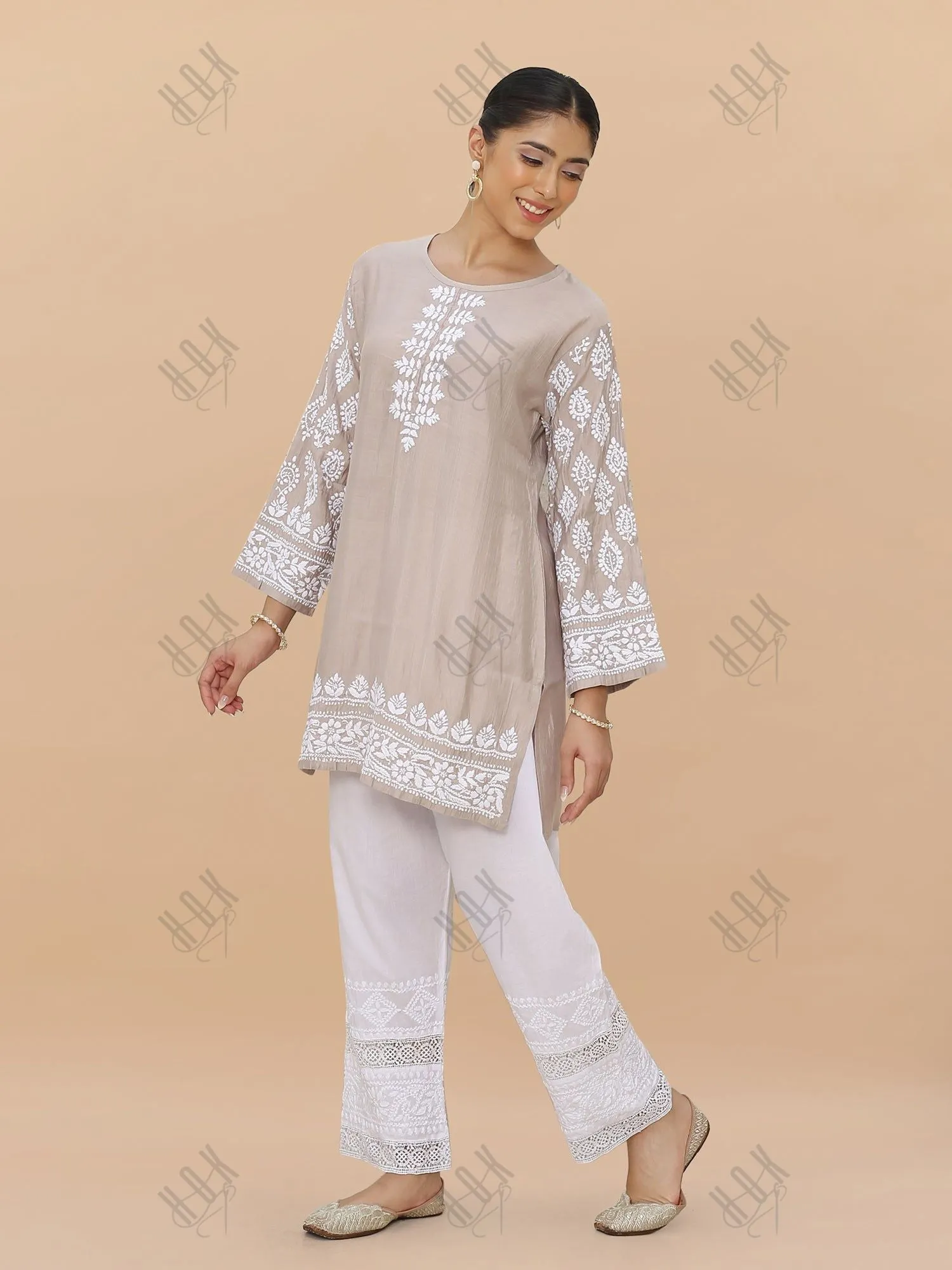 Kaashwi in Saba Chikankari Short kurta in Modal Silk  - Beige