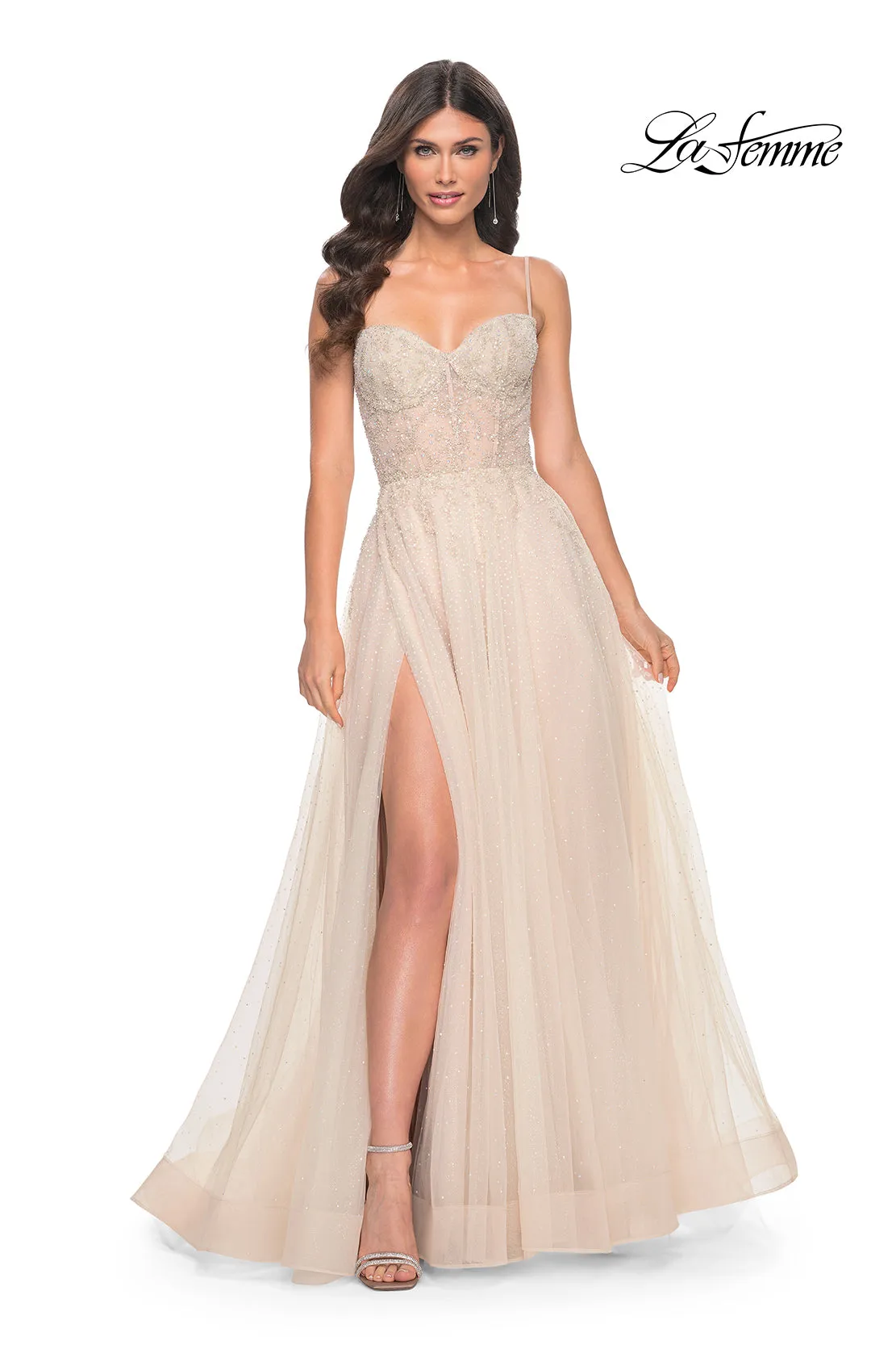 La Femme 32271 A-Line Rhinestone and Lace Dress