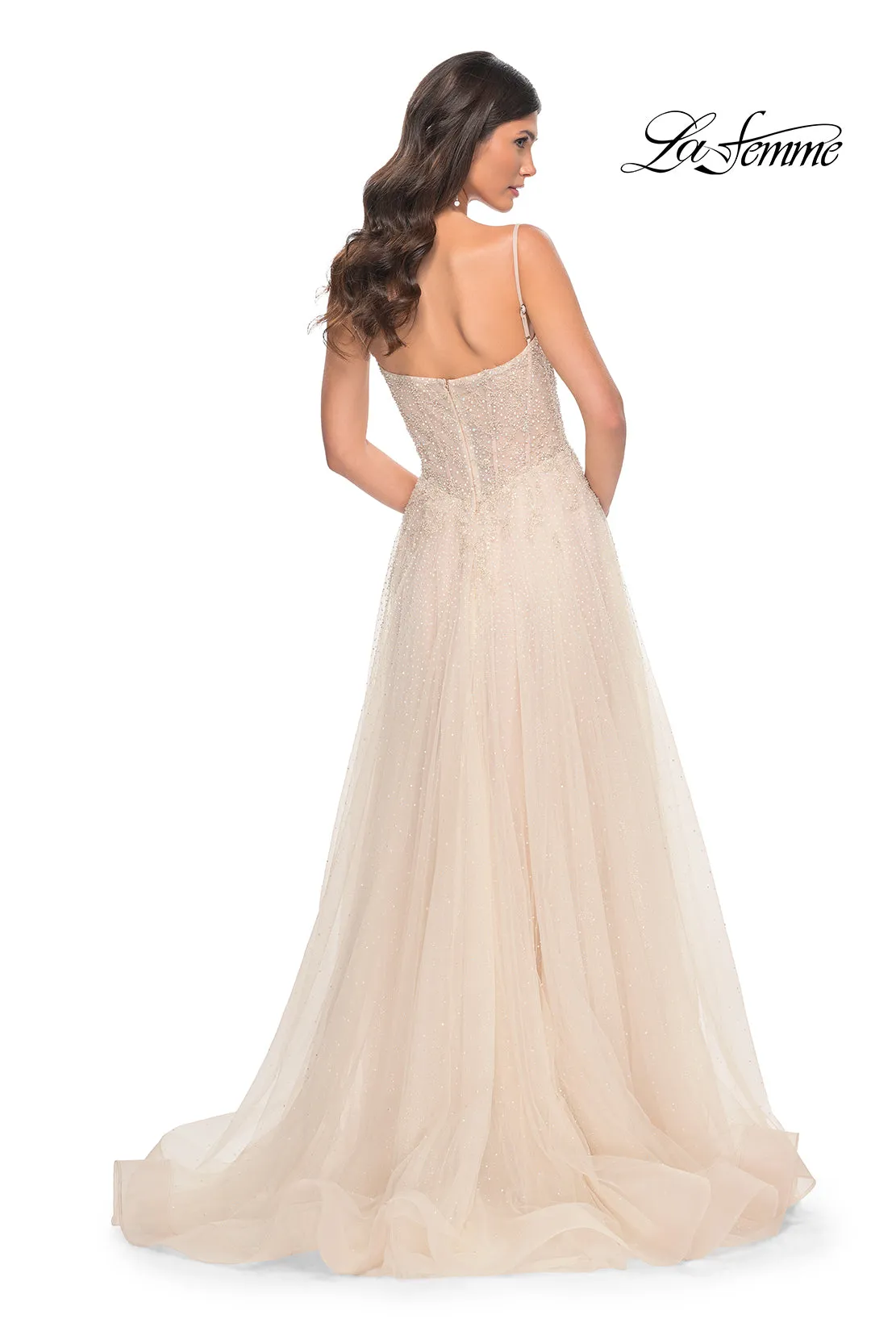 La Femme 32271 A-Line Rhinestone and Lace Dress