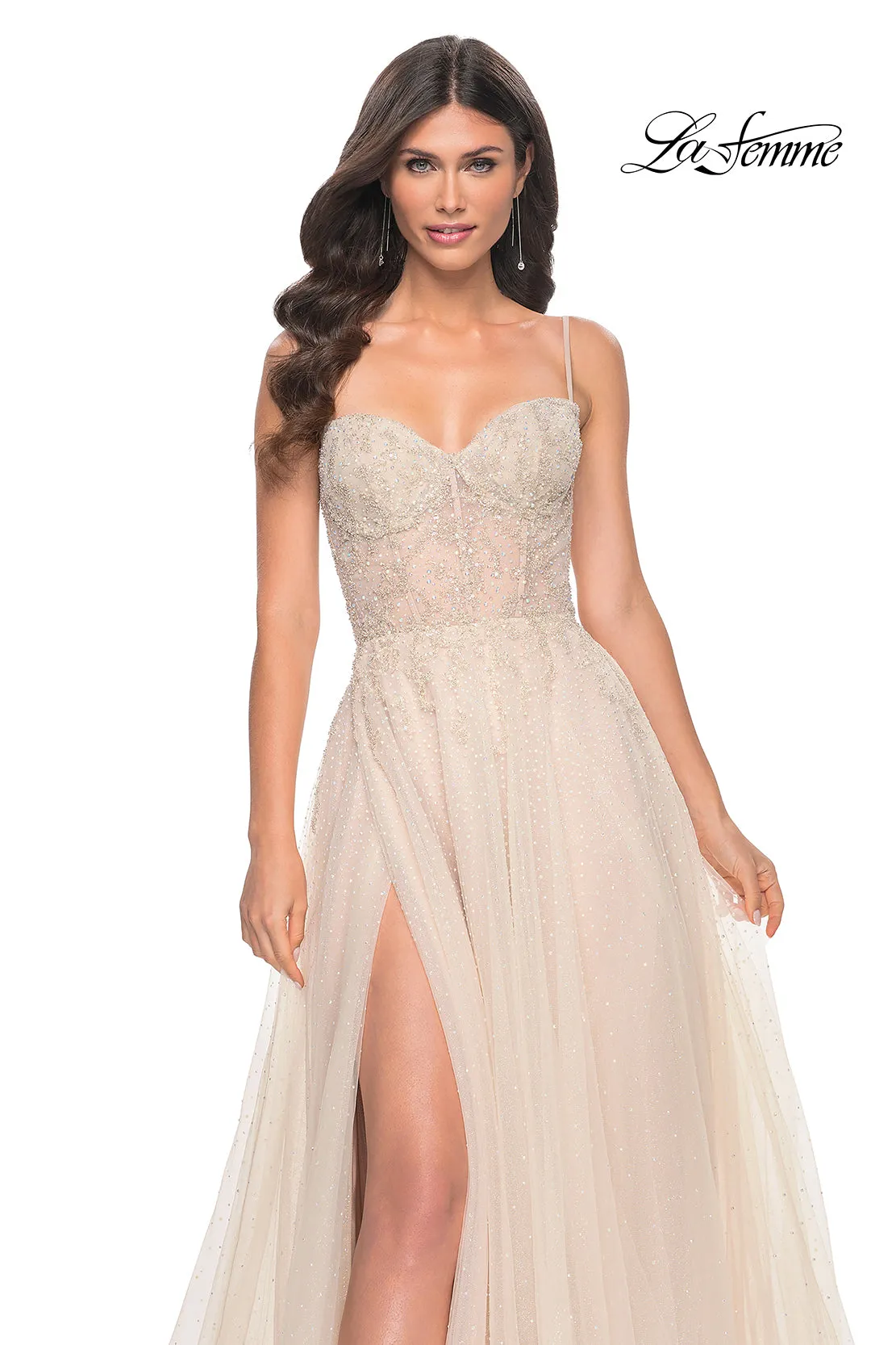 La Femme 32271 A-Line Rhinestone and Lace Dress