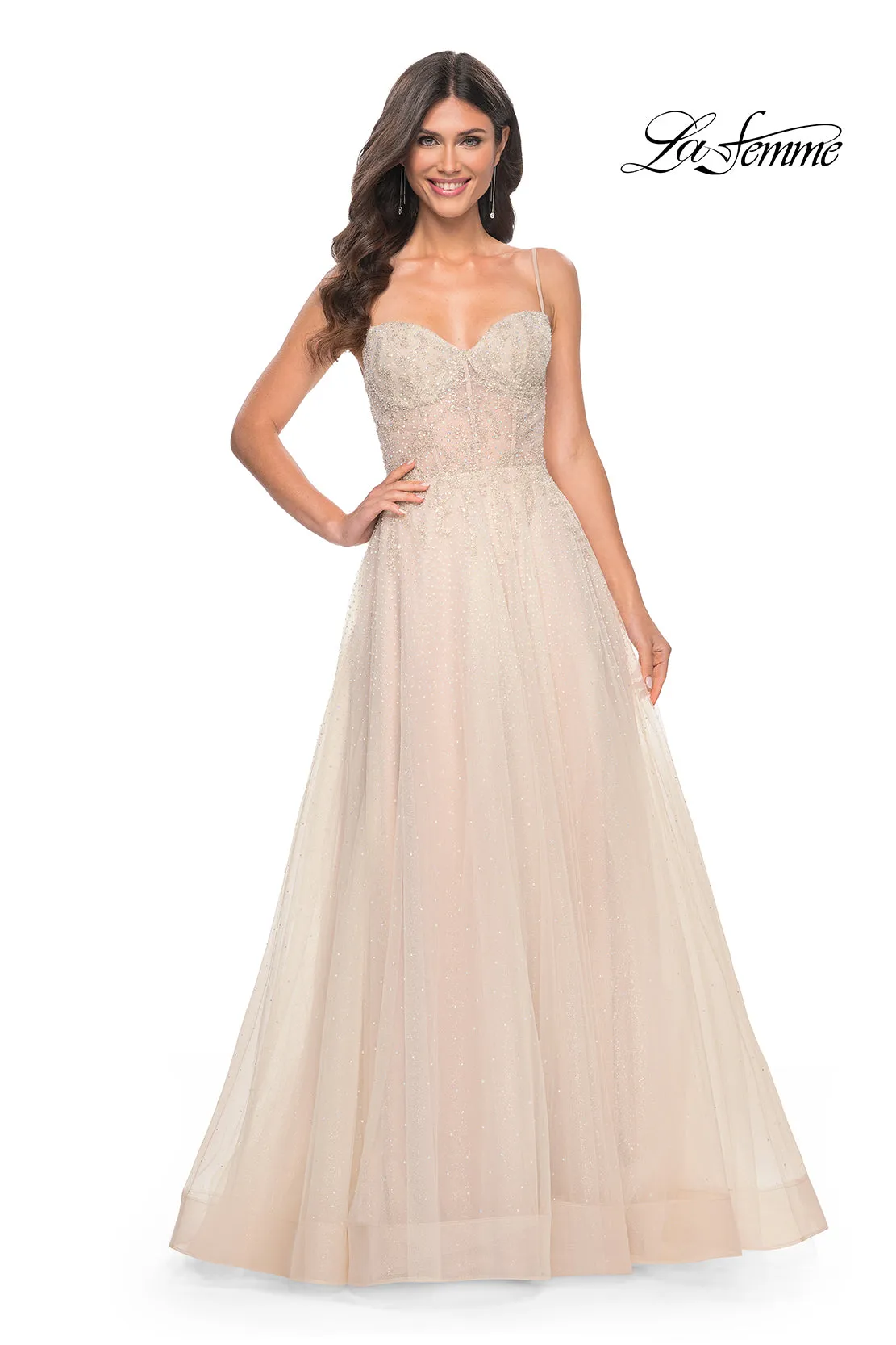 La Femme 32271 A-Line Rhinestone and Lace Dress