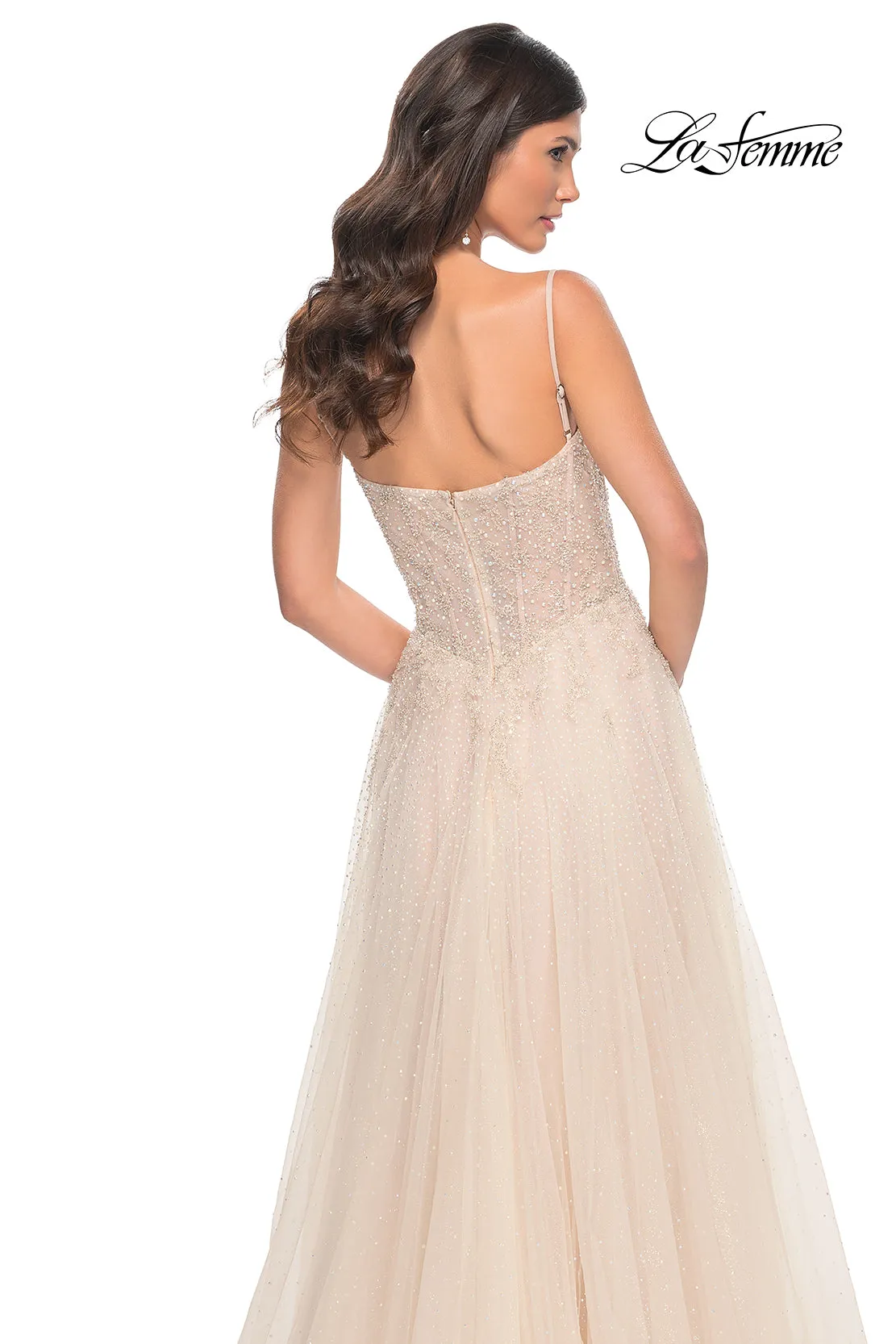 La Femme 32271 A-Line Rhinestone and Lace Dress