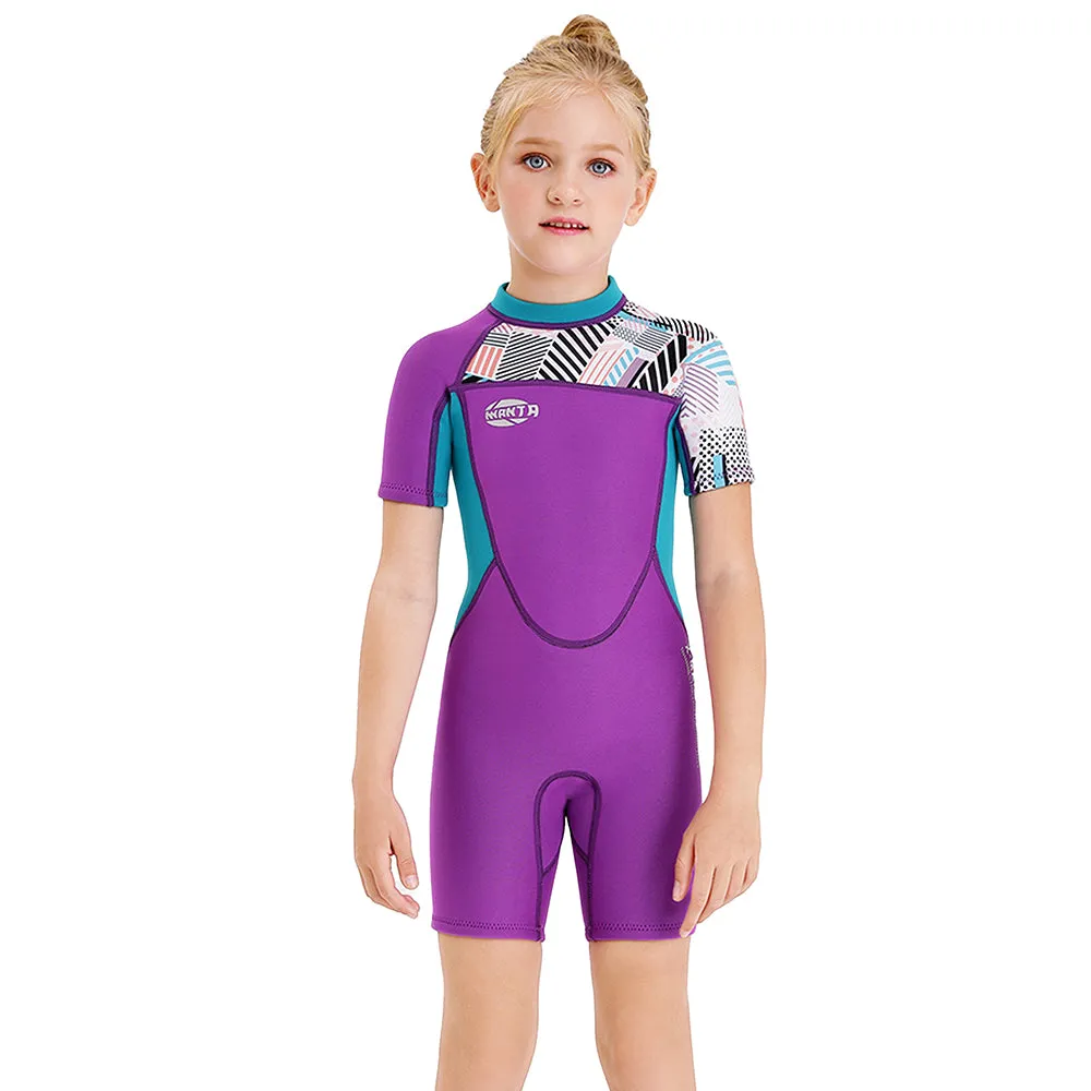 Little Surprise Box Purple Abstract Sleeve 2.5mm Neoprene Knee Length Kids Swimsuit, Half Sleeves Swimwear