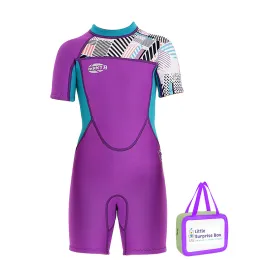 Little Surprise Box Purple Abstract Sleeve 2.5mm Neoprene Knee Length Kids Swimsuit, Half Sleeves Swimwear