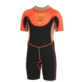 Little Surprise Box Superhero Brown & Orange 2.5mm Neoprene Knee Length Kids Swimsuit, Half Sleeves Swimwear