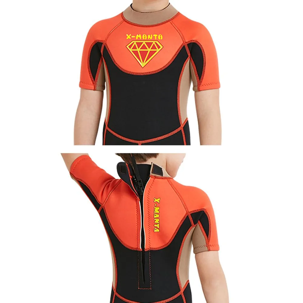 Little Surprise Box Superhero Brown & Orange 2.5mm Neoprene Knee Length Kids Swimsuit, Half Sleeves Swimwear