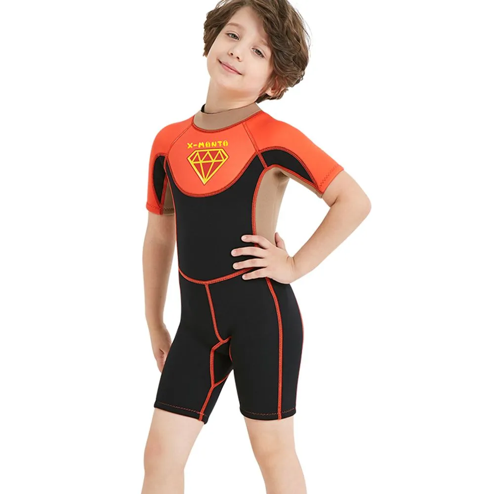 Little Surprise Box Superhero Brown & Orange 2.5mm Neoprene Knee Length Kids Swimsuit, Half Sleeves Swimwear
