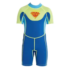 Little Surprise Box Superhero Green & Blue 2.5mm Neoprene Knee Length Kids Swimsuit, Half Sleeves Swimwear