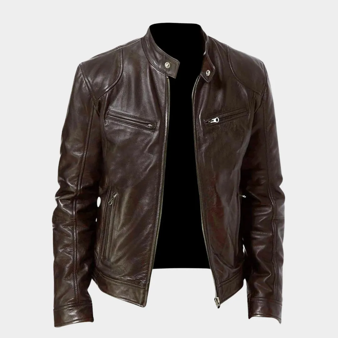 Mens Stand-Up Collar Leather Jacket  Slim Fit  Zipper Pockets  PU Coat  Biker Style  Multiple Colours