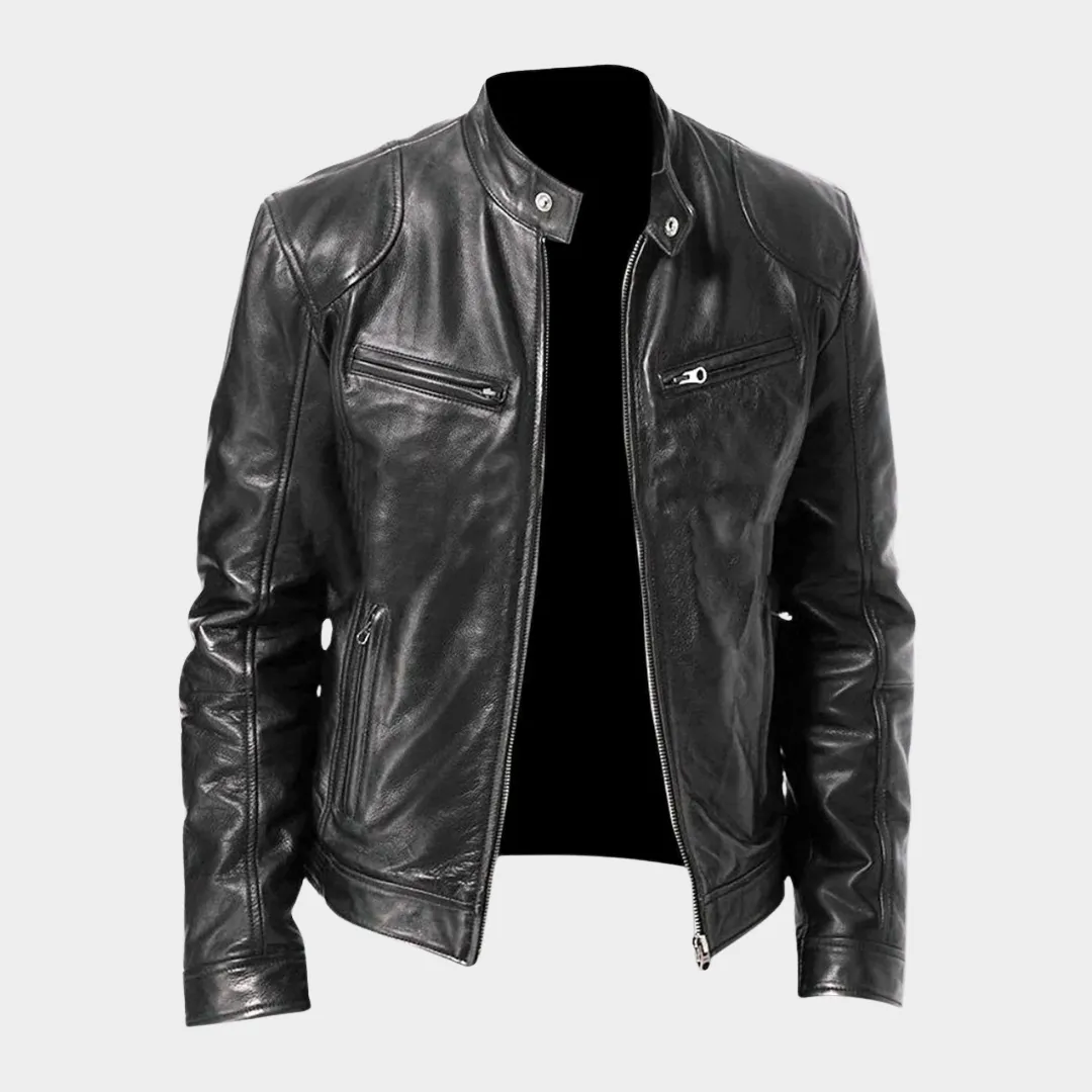 Mens Stand-Up Collar Leather Jacket  Slim Fit  Zipper Pockets  PU Coat  Biker Style  Multiple Colours