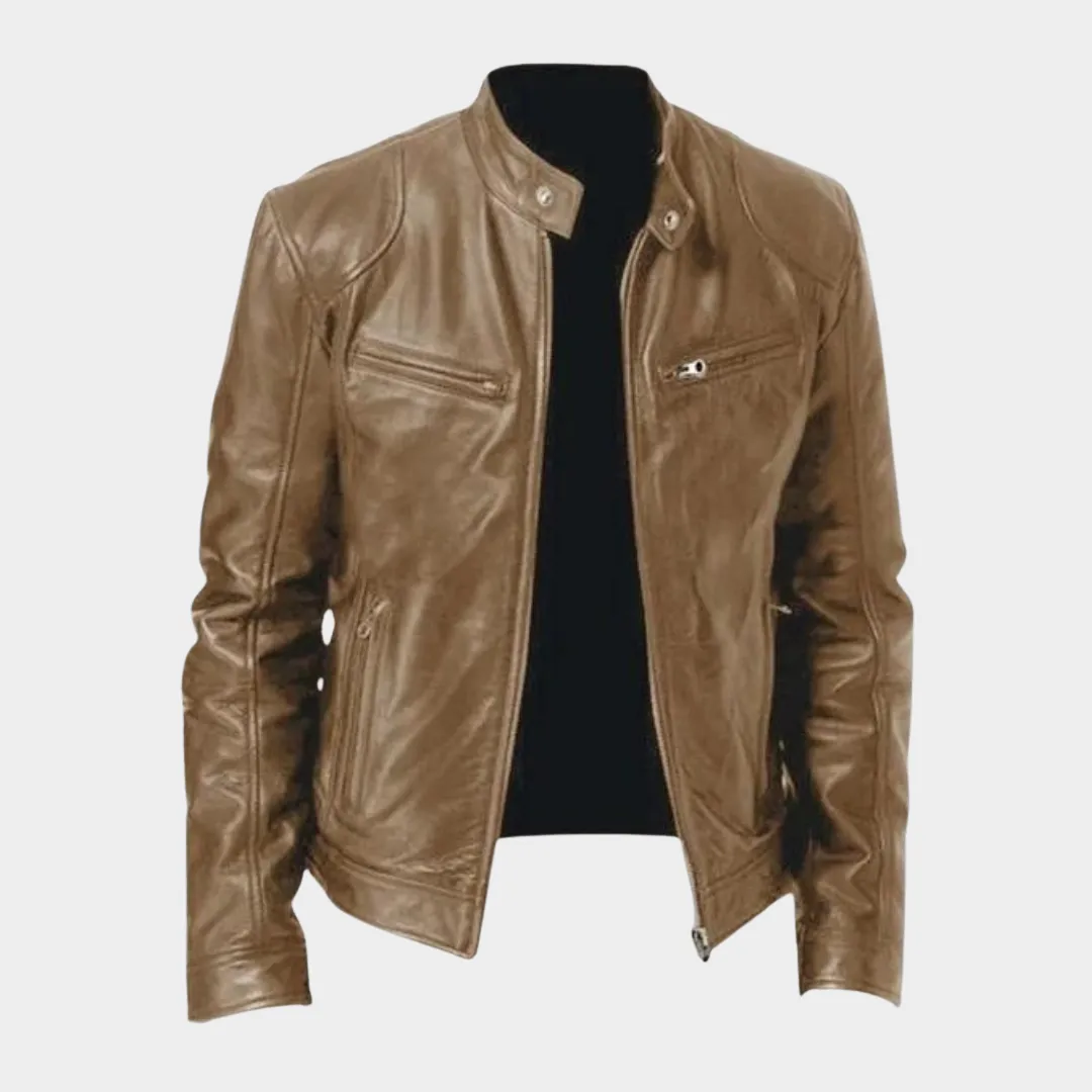 Mens Stand-Up Collar Leather Jacket  Slim Fit  Zipper Pockets  PU Coat  Biker Style  Multiple Colours