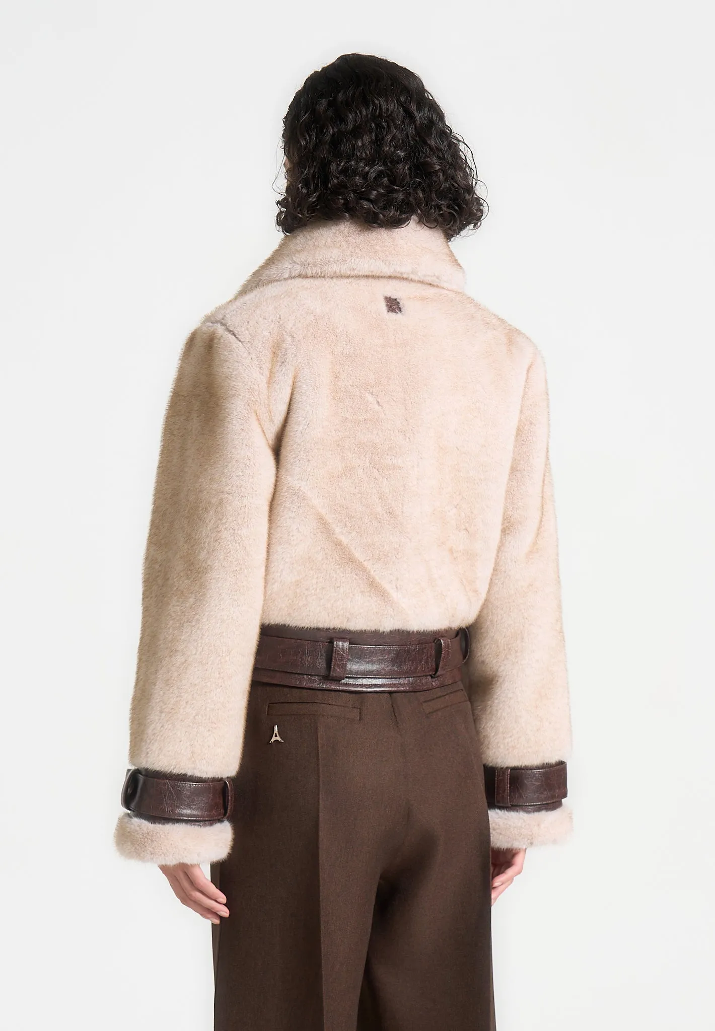 Plush & Leather Belted Jacket - Beige/Brown