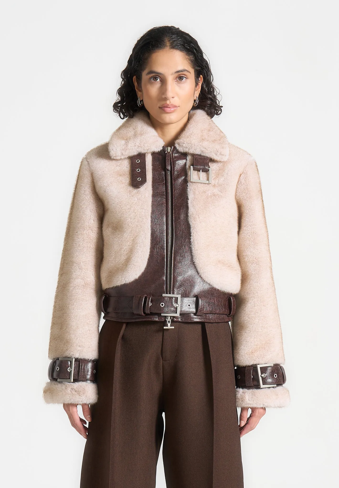 Plush & Leather Belted Jacket - Beige/Brown