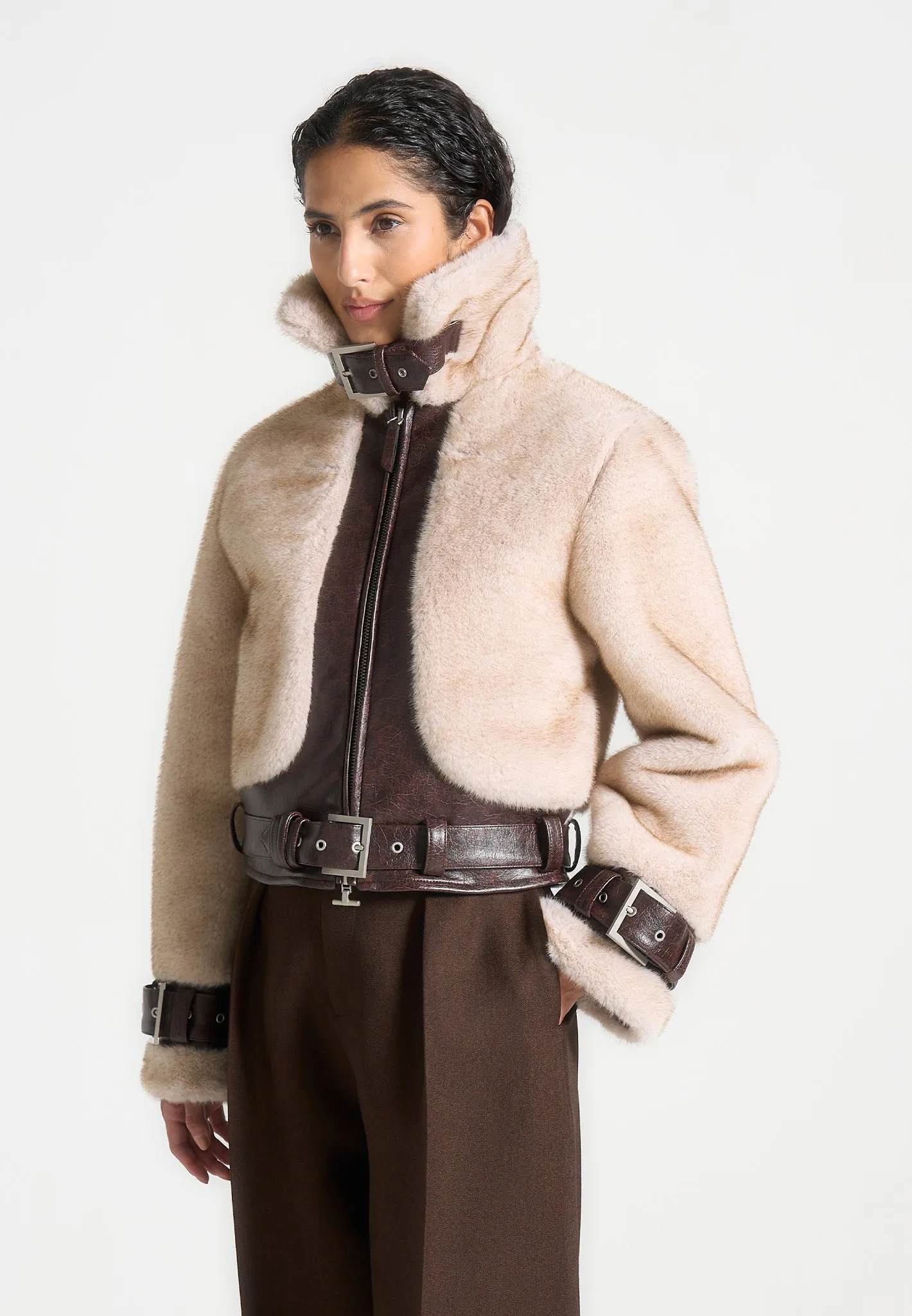 Plush & Leather Belted Jacket - Beige/Brown