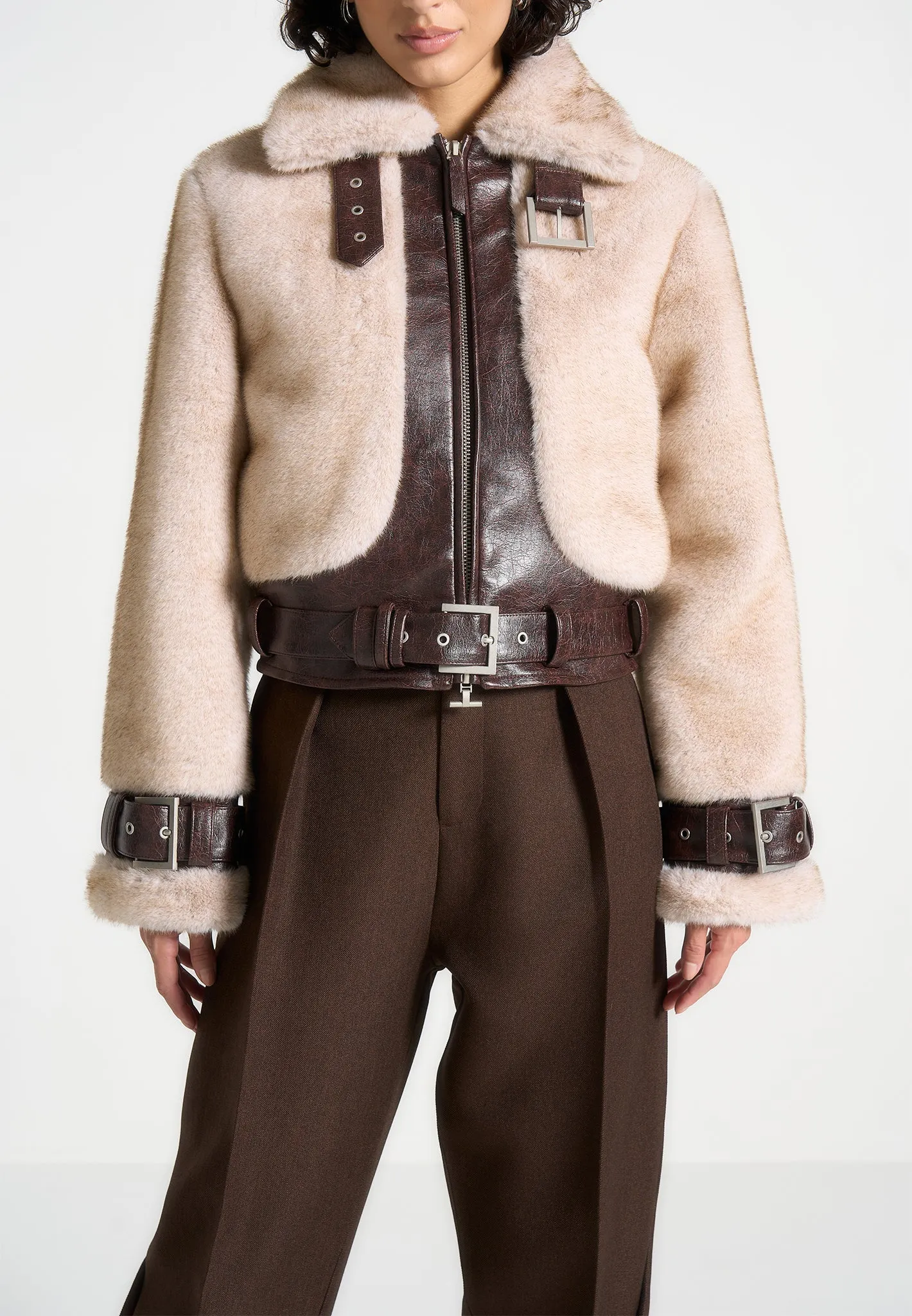Plush & Leather Belted Jacket - Beige/Brown
