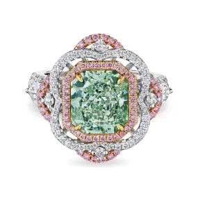Radiant Shape Cut Fancy Green Diamond Ring,  3 CT