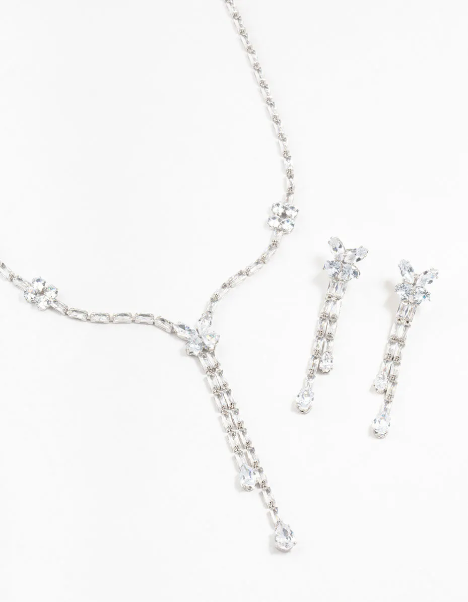 Rhodium Cubic Zirconia Butterfly Drop Earrings & Necklace Set