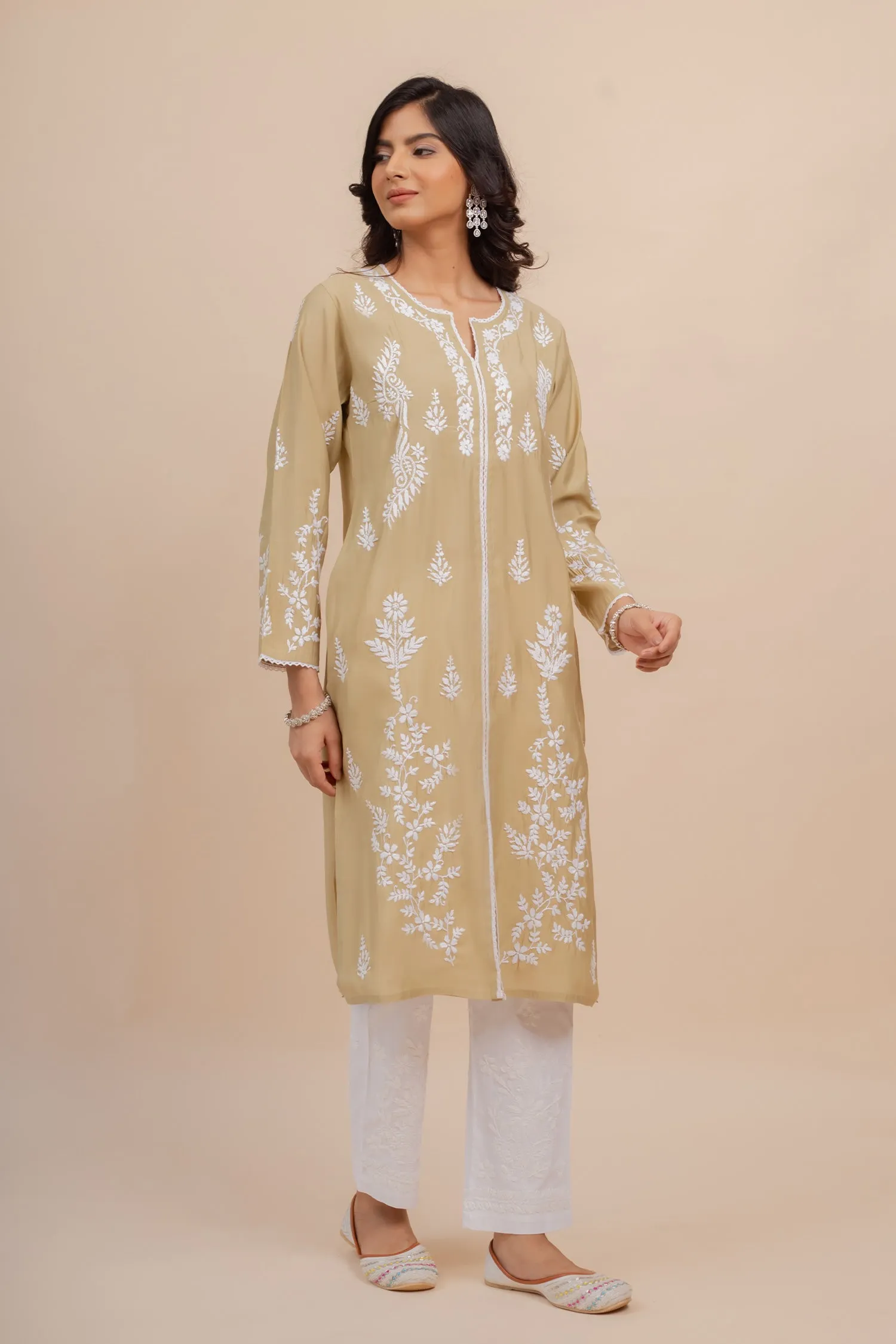 Saba Chikankari Long Kurta In Muslin - Beige