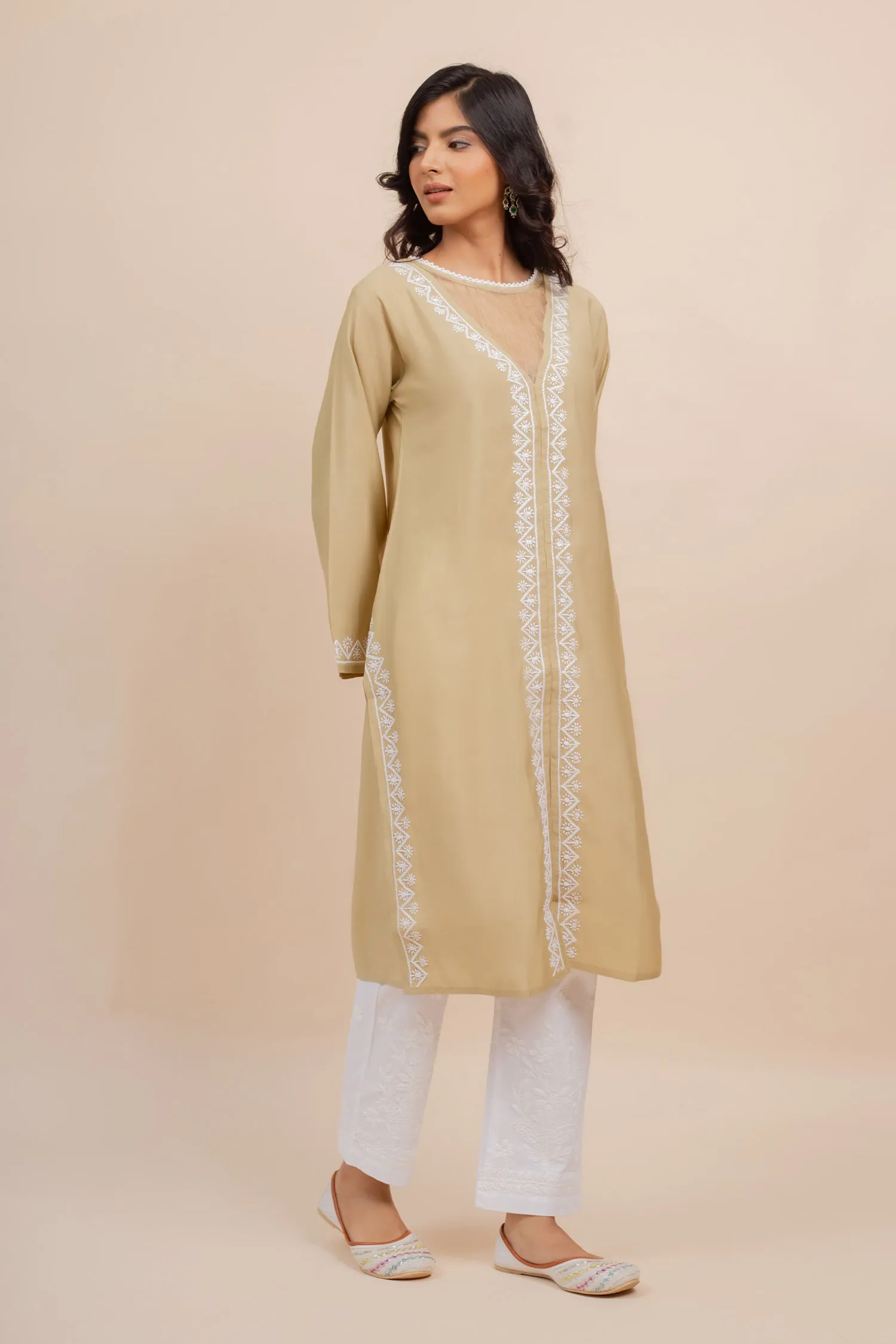 Saba Chikankari Long Kurta In Muslin - Beige
