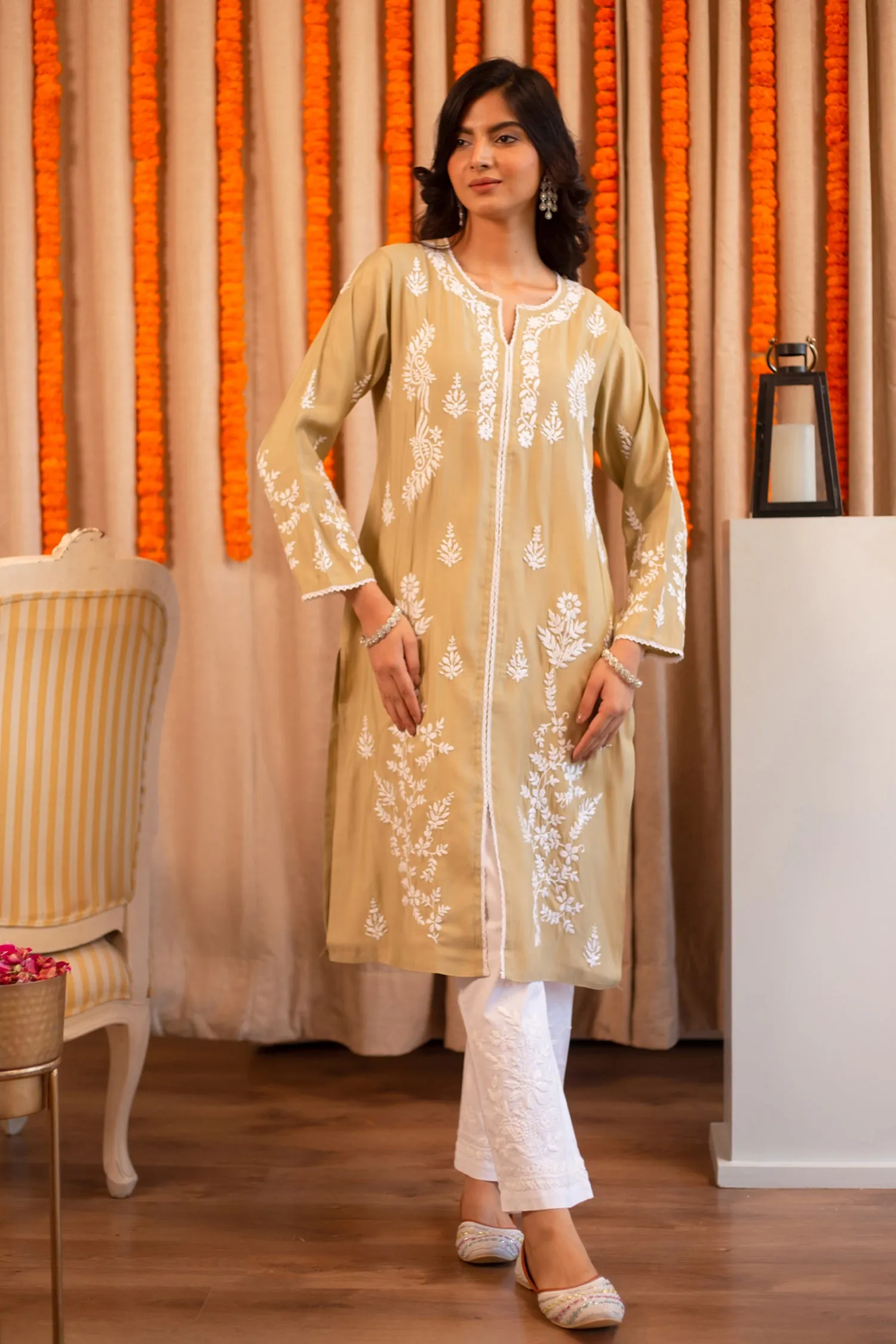 Saba Chikankari Long Kurta In Muslin - Beige